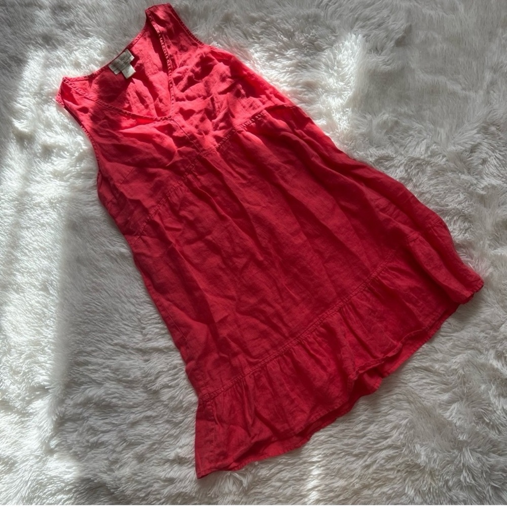 CYNTHIA ROWLEY 100% Linen Coral Pink Tiered Mini Dress Large Sleeveless